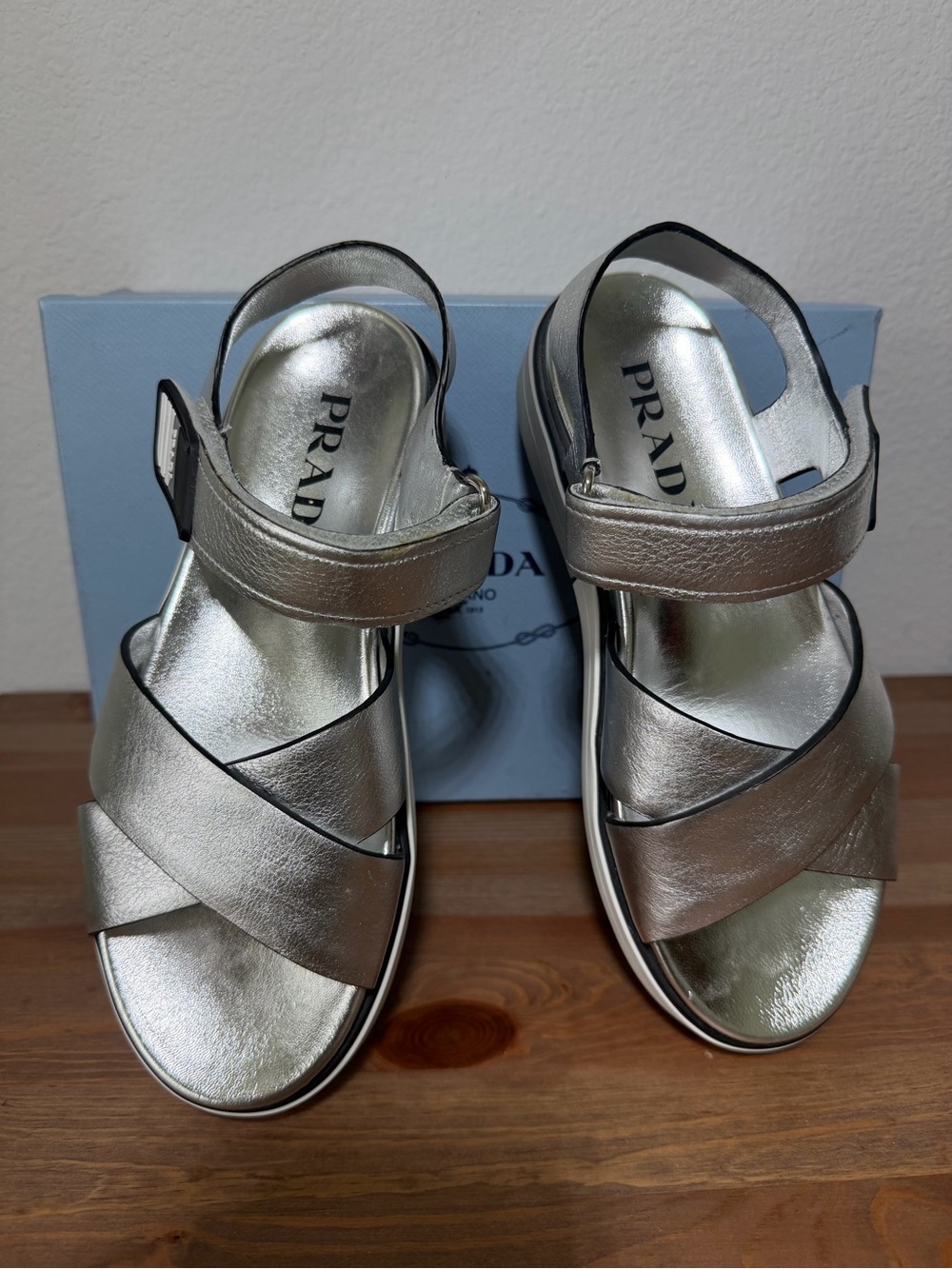 Prada Metallic Silver Leather Crisscross Sandals - Women